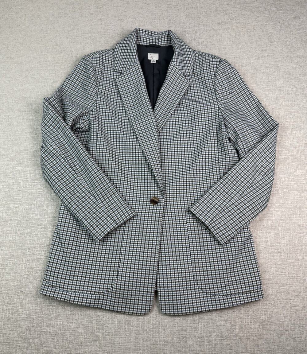 A New Day Women’s Medium Plaid Longline Blazer Black White Blue Check